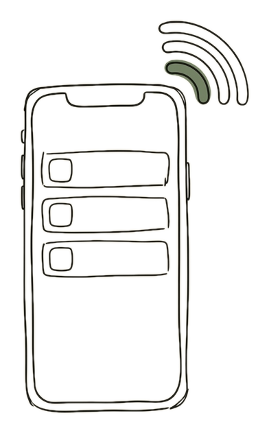 Croquis d'un smartphone affichant une liste d'écran avec un pictogramme de signal, symbolisant l'application prête à l'emploi